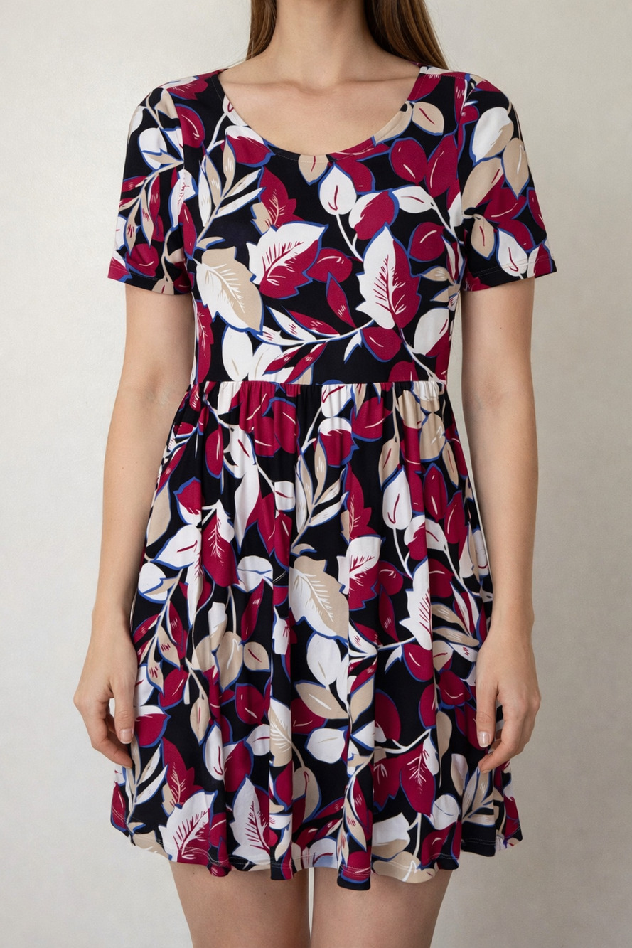 Women's size S Floral Leaf Print Dress Short Sleeve Fit & Flare Stretch Casual